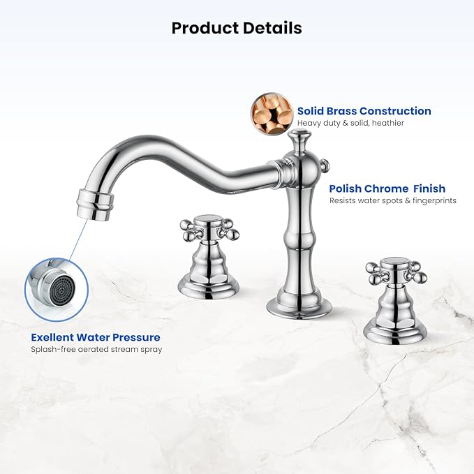 gotonovo 3 Hole Widespread Bathroom Sink Faucet Double Cross Handle Mixer Tap Faucet for Bathroom Sink Vanity Faucet Deck Mount Basin Hot Cold Water Matching Pop Up Drain Polished Chrome