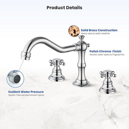 gotonovo 3 Hole Widespread Bathroom Sink Faucet Double Cross Handle Mixer Tap Faucet for Bathroom Sink Vanity Faucet Deck Mount Basin Hot Cold Water Matching Pop Up Drain Polished Chrome