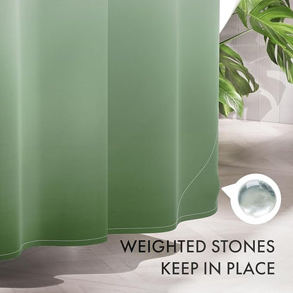 AmazerBath Fabric Shower Curtain Set, Ombre Grass Green Curtain with 12 Curtain Hooks, Rustic Cloth Green and White, Cute Washable Bathroom Shower Curtain, 72x72 Inches