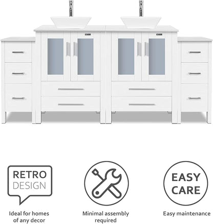 eclife 72" Modern Bathroom Vanity Sink Combo Freestanding Cabinet with Small Side Cabinet, White Square Ceramic Vessel Sink, Water Save Faucet, Drain (White+A07)