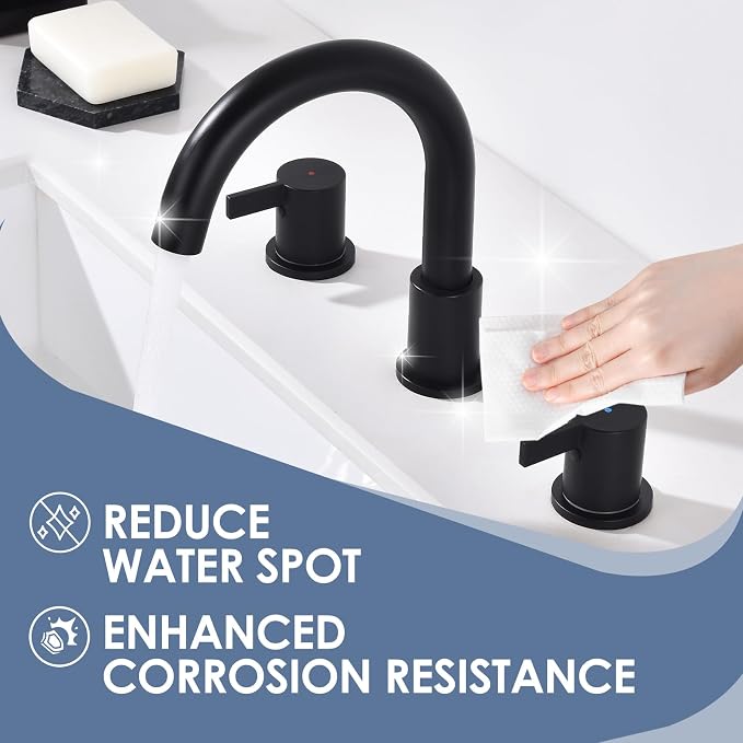 Two Handle Widespread Black Bathroom Faucet 3 Holes, Bathroom Sink Faucet with Metal Pop up Drain Assembly and cUPC Water Supply Lines, Black