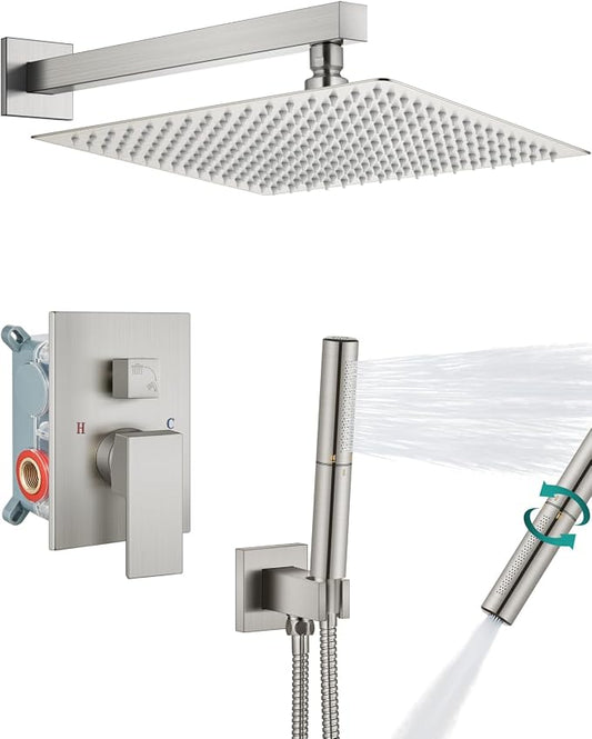 Aolemi Shower System with Rain Head and Handheld,16-Inch,Brushed Nickel | High-Pressure Shower Faucet Set with Dual-Function Handheld,Rough-In Valve,1.8 GPM,Wall-Mount Trim Kit