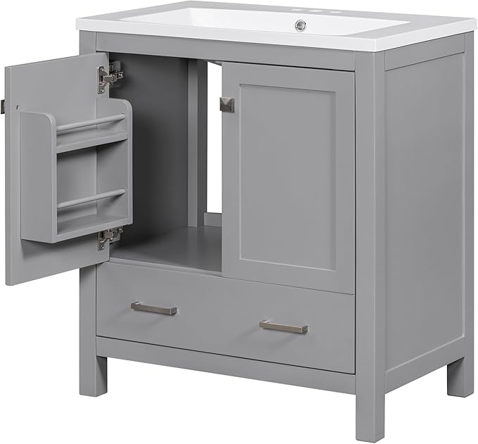 LUMISOL 30" Gray Bathroom Vanity with Sink, Solid Wood Bathroom Vanity with a Drawer and 2 Doors, Multifunctional Storage Racks, Freestanding Bathroom Storage Cabinet with Ceramic Sink, Grey