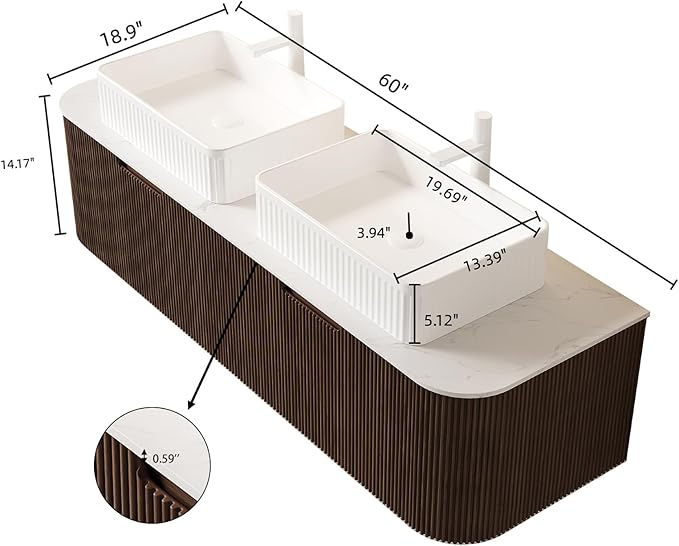 Yayzy 60" Floating Bathroom Vanity with Sink, Solid Wood Fluted Cabinet, White Fluted Square Ceramic Basin & Faux Marble Top, Soft-Close Drawer, Pre-Assembled, Walnut Woodgrain