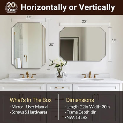22"x30" Chrome Scalloped Mirrors for Bathroom Sink | Rust-Proof Stainless Steel Frame, Unique Notched Corners, Anti-Corrosion HD Glass, Modern Bathroom Remodel Essential