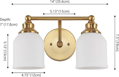 JONATHAN Y 14" Brass Gold/White Modern Farmhouse LED Vanity Light Wall Sconce Fixture, Frosted White Glass Shade, Dimmable Wall Lamp for Bathroom Mirror Kitchen Sink, UL Listed (JYL7550B)