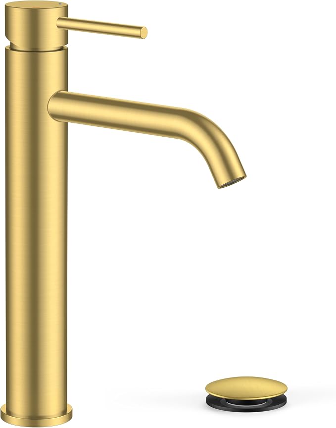 FORIOUS Vessel Tall Bathroom Faucet 1 Hole Brushed Gold Single Handle | for 1 Hole Vessel Sink Only, Single Handle Faucet with Pop up Drain, for Basin Bowl Vanity Lavatory Residential/Commercial