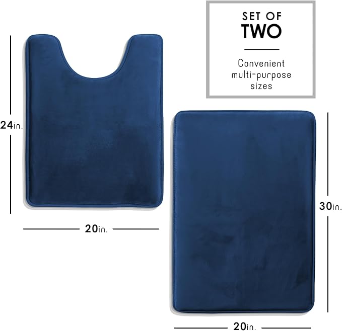 Clara Clark 2 Piece Bathroom Rugs, Velvet Memory Foam Bath Mat Set, Non-Slip Bath Rugs, Machine Wash, Dries Quickly, Ultra Soft Plush Bath Mats for Bathroom, 20 x 32 + Contour, Blue