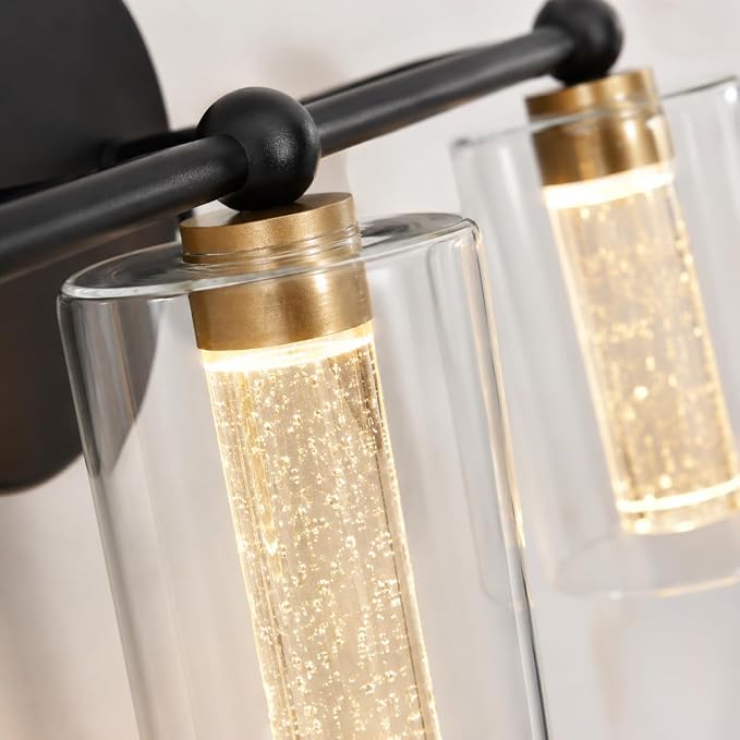 Black and Gold Vanity Light with 3 Color Modes, Eye Protection LED Bathroom Light Fixtures, Dimmable Modern Wall Light Over Mirror with Clear Glass Shade (Black & Gold, 3-Light)