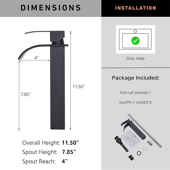 Vessel Sink Faucet, Tall Matte Black Waterfall Bathroom Faucet Single Handle One Hole Stainless Steel Mixer Tap Bowl Lavatory Vanity Faucet UF-FJT016B