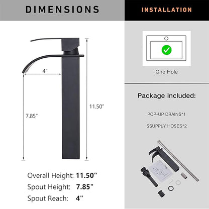 Vessel Sink Faucet, Tall Matte Black Waterfall Bathroom Faucet Single Handle One Hole Stainless Steel Mixer Tap Bowl Lavatory Vanity Faucet UF-FJT016B