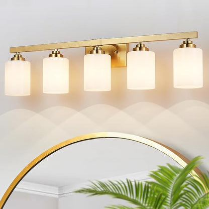 Bathroom Light Fixtures, Vanity Light Over Mirror Gold 5-Light Fixture | Modern bathroom vanity light fixture with metal frame, ideal for mirrors, bedrooms and hallways. Fits E26 bulbs.