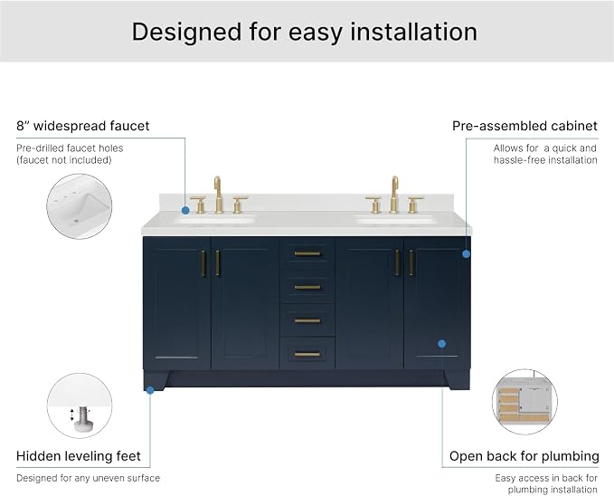 ARIEL Taylor 72-inch Bathroom Vanity with Sink,Solid Wood, 1.5-inch Carrara White Quartz Countertop, Double Rectangular Porcelain Sink, 4 Soft Closing Doors, 6 Dovetail Drawers, Midnight Blue