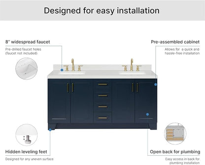 ARIEL Taylor 72-inch Bathroom Vanity with Sink,Solid Wood, 1.5-inch Carrara White Quartz Countertop, Double Rectangular Porcelain Sink, 4 Soft Closing Doors, 6 Dovetail Drawers, Midnight Blue