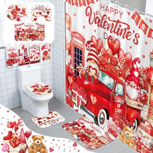 FuWeave 8 Pcs Valentines Shower Curtain Set Red Heart Sweet Love Romantic Bathroom Decor Valentines Day Gnome Waterproof Shower Curtain Towels Non Slip Rug Toilet Lid Cover Bath Mat with 12 Hooks