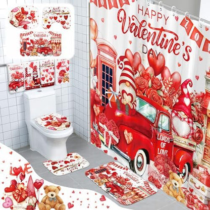 FuWeave 8 Pcs Valentines Shower Curtain Set Red Heart Sweet Love Romantic Bathroom Decor Valentines Day Gnome Waterproof Shower Curtain Towels Non Slip Rug Toilet Lid Cover Bath Mat with 12 Hooks
