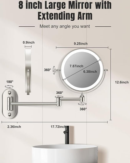 VFD 8'' 30X/1X Wall Mounted Lighted Magnifying Makeup Mirror with Lights | Double Sided Rechargeable Bathroom Mirror, 3 Color Lights Touch Dimmable Extended Arm 360 Rotation Light up Mirrors