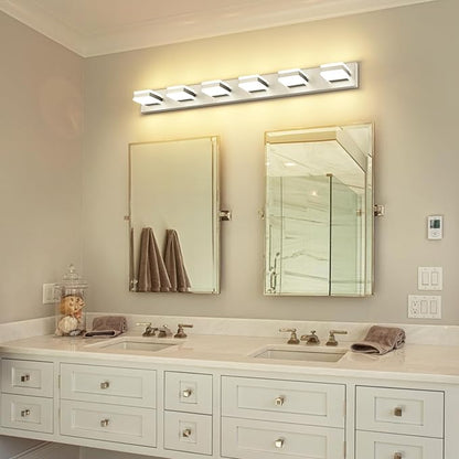 PRESDE 6-Light LED BathroomVanity Light Brushed Nickel Bathroom Light Fixtures Over Mirror Modern Bath Wall Lighting Dimmable 5CCT