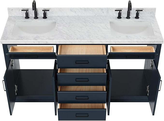 ARIEL Hepburn 66-inch Bathroom Vanity with Sink,Solid Wood, 1.5-inch Italian Carrara Marble Countertop, Double Rectangular Porcelain Sink, 4 Soft Closing Doors, 6 Dovetail Drawers, Midnight Blue