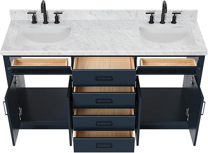 ARIEL Hepburn 66-inch Bathroom Vanity with Sink,Solid Wood, 1.5-inch Italian Carrara Marble Countertop, Double Rectangular Porcelain Sink, 4 Soft Closing Doors, 6 Dovetail Drawers, Midnight Blue