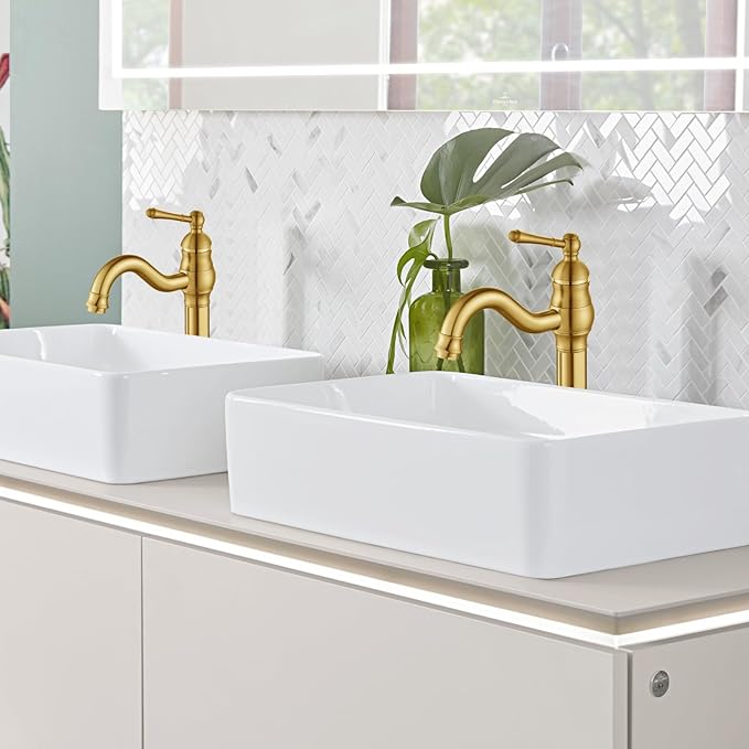 gotonovo Vessel Sink Faucet 360° Swivel Spout Single Handle Tall Bathroom Faucet 1 Hole Farmhouse Lavatory Washbasin Mixer Tap Matching Supply Hoses, with Pop Up Drain, Brushed Gold
