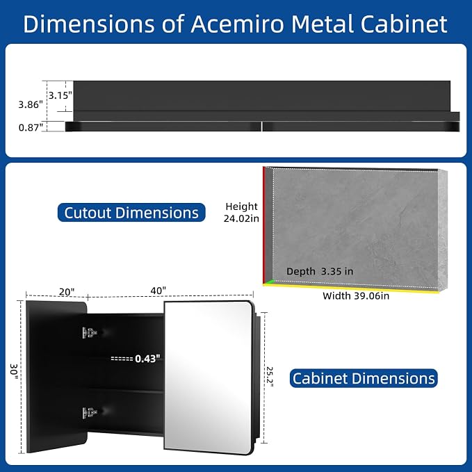 ACEMIRO 40x30 Inch Black Medicine Cabinet Mirror Metal Framed Recessed Bathroom Medicine Cabinets with Mirror and Storage Wall Mounted