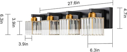 Crystal Black Gold Bathroom Vanity Light, 4-Lights Bathroom Lighting Fixtures Over Mirror Modern Crystal Wall Lighting with Square Shade