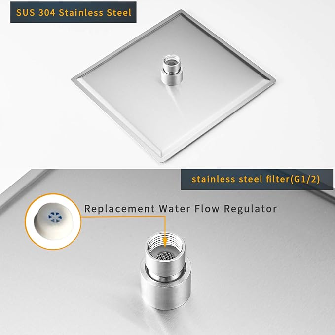 10" Rain Shower Head High Pressure Rainfall Shower Head Brushed Nickel | Square Rain Bathroom Showerhead, High Flow, Large Stainless Steel, Ceiling Mounted, Wall Mounted, Waterfall Full Body