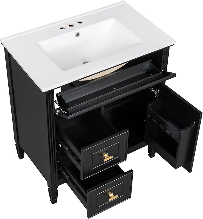 30" Bathroom Vanity with Ceramic Sink, 1 Flip Drawer & 2 Side Drawers, Modern Freestanding Storage Cabinet w/Adjustable Shelf & Golden Metal Handles, Solid Wood Frame, Black