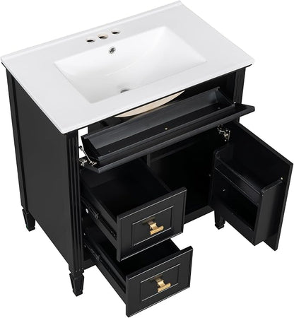 30" Bathroom Vanity with Ceramic Sink, 1 Flip Drawer & 2 Side Drawers, Modern Freestanding Storage Cabinet w/Adjustable Shelf & Golden Metal Handles, Solid Wood Frame, Black