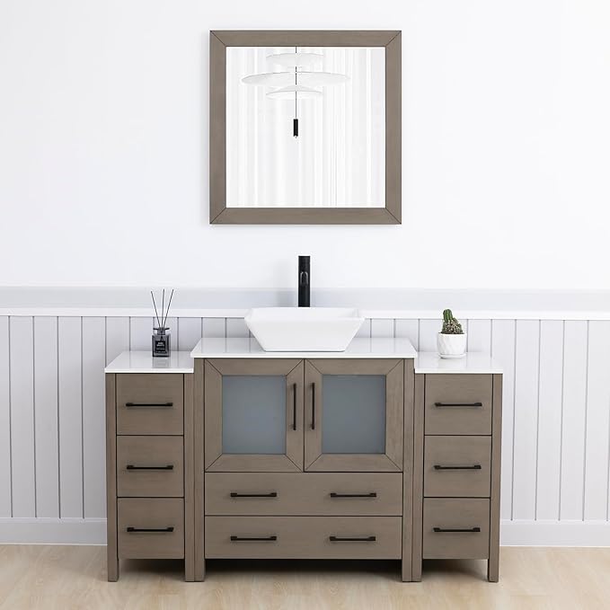 Vanity Art 54 Inch Vessel Single Sink Bathroom Vanity Cabinet with 1 Mirror, Engineered Marble Top Bathroom Cabinet Compact Set with 8 Dovetail Drawers and Soft Closing Doors, VA3130-54DG