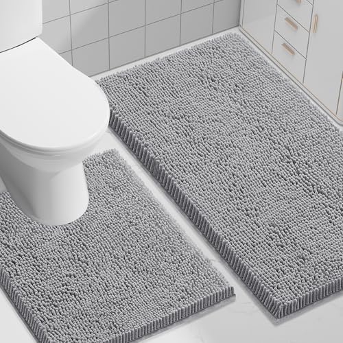 Smiry Chenille Bathroom Rugs Sets 2 Piece (30x20+ U Shape 24x20, Grey)