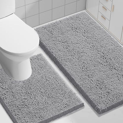 Smiry Chenille Bathroom Rugs Sets 2 Piece (30x20+ U Shape 24x20, Grey)