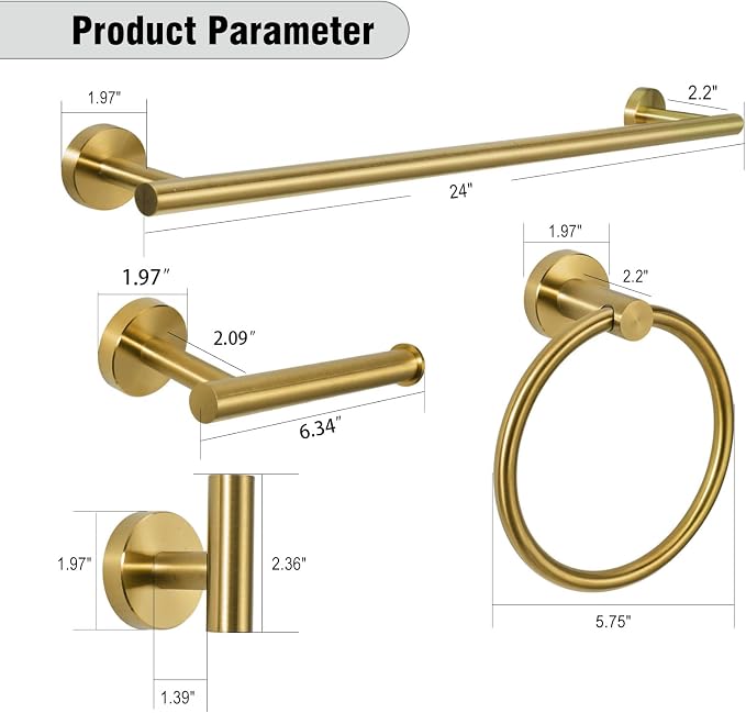 5 Piece Modern Style Wall Mounted Bathroom Hardware Set | #304 Stainless Steel, 24" Towel Bar Mount, Towel Rings, L Shape Toilet Paper Holder, Bathrobe Hook (Brushed Gold)
