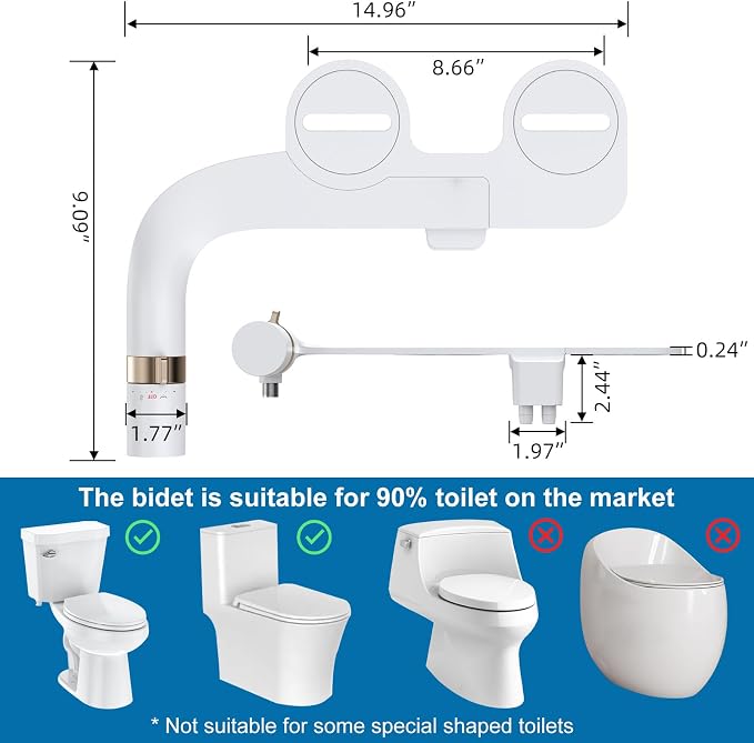 Bidet Attachment for Toilet, Non-Electric Dual Nozzle Bidet Sprayer with Adjustable Water Pressure, Cold Water Toilet Seat Attachment for Feminine and Personal Hygiene
