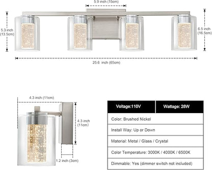 SineRise 4-Light Brushed Nickel Vanity Light with 3 Color Modes (3000K/4000K/6000K), Eye Protection LED Bathroom Light Fixture, Dimmable Modern Wall Light Over Mirror with Clear Glass Shade