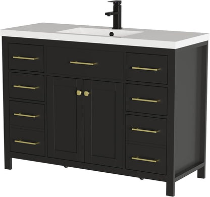 LUCKWIND 48" Modern Bathroom Vanity with Sink Combo, Contemporary Painted Storage Cabinet and Single White Sink, Include Soft-Closing Doors & Matte Black Faucet, Black