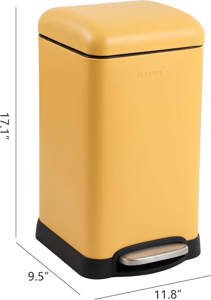happimess Betty Retro Mini 3.2 Gal Step Trash Can, Daffodil Yellow | Soft-Close Lid, Removable Liner, Iron, Hands-Free Pedal, Satin Finish, Non-Skid Base, Built-In Damper, Modern, Minimalistic