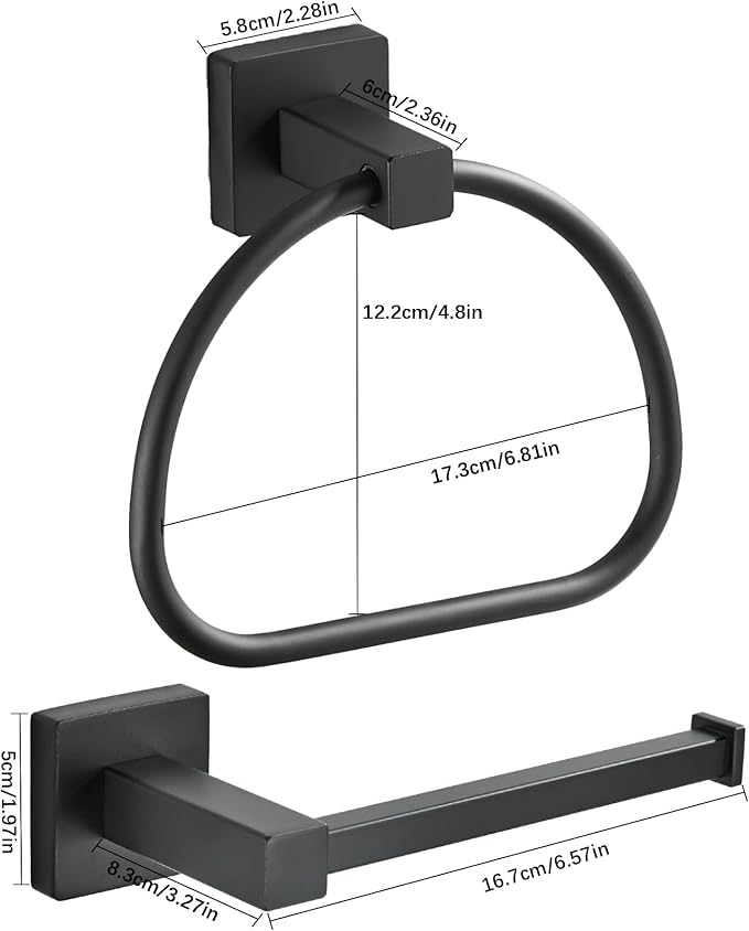 Leyden Black Toilet Paper Holder Towel Ring, Matte Bathroom Hand Towel Holder Toilet Roll Holder, Modern Bath Hardware Set Wall Mounted Stainless Steel 2 Pieces
