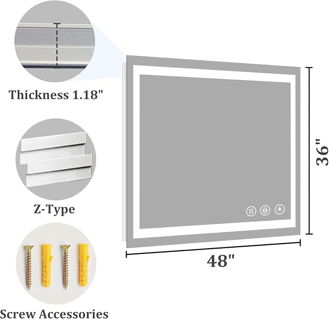 Koonmi 48x36 LED Bathroom Mirror, Shatterproof Mirror with Light | 90CRI Vanity Mirror with Anti-fog Backlit + Front Lit, 3 Color, Easy Install for Bathroom Hotel (IP65)