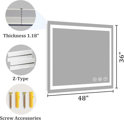 Koonmi 48x36 LED Bathroom Mirror, Shatterproof Mirror with Light | 90CRI Vanity Mirror with Anti-fog Backlit + Front Lit, 3 Color, Easy Install for Bathroom Hotel (IP65)