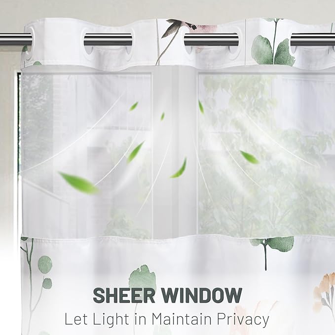 No Hook Floral Shower Curtain with Liner, Sage Green, 71x74 | Snap in Liner, 3 in 1, Water Repellent, Easy Install, Machine Washable, Hotel Style for Bathroom, Watercolor Pattern