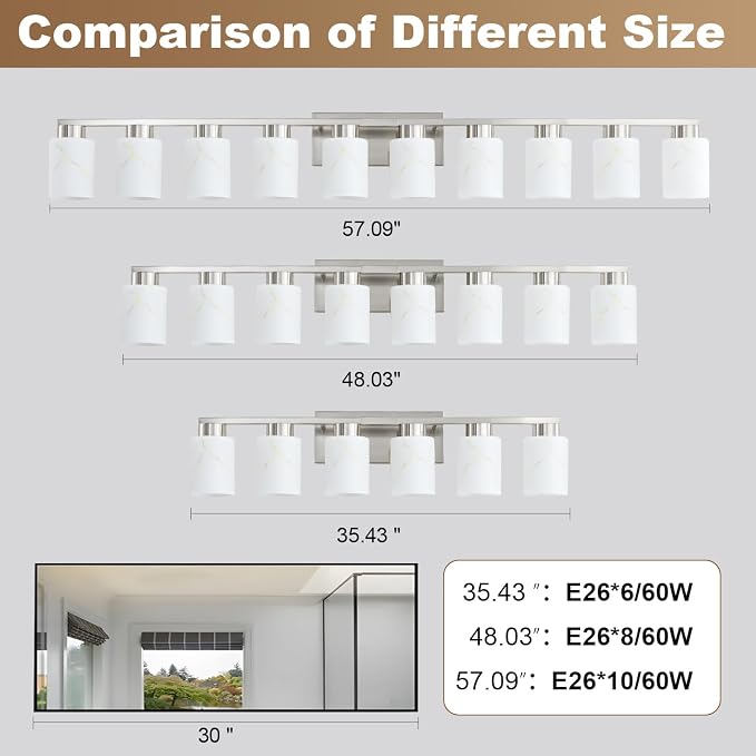 10-Light Bathroom Light Fixtures, Modern Vanity Lights, Brushed Nickel Metal Wall Lamp with White Marble Glass for Bathroom, Mirror, Living Room, Bedroom, Cabinet, Porch, Hallway, E26 Base