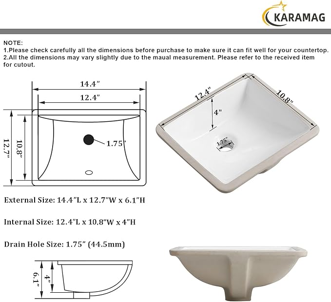 14 Inch Small Undermount Bathroom Sink Rectangle Undermount Sink White Ceramic Under Counter Bathroom Sinks with Overflow (14.4"x12.7")