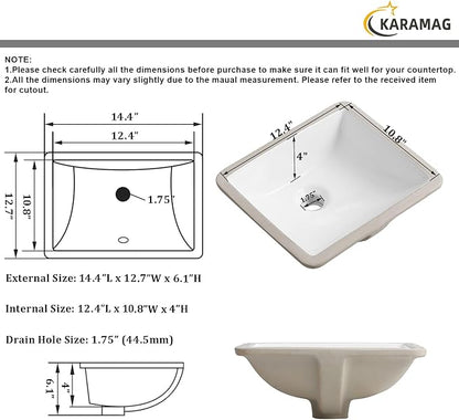 14 Inch Small Undermount Bathroom Sink Rectangle Undermount Sink White Ceramic Under Counter Bathroom Sinks with Overflow (14.4"x12.7")