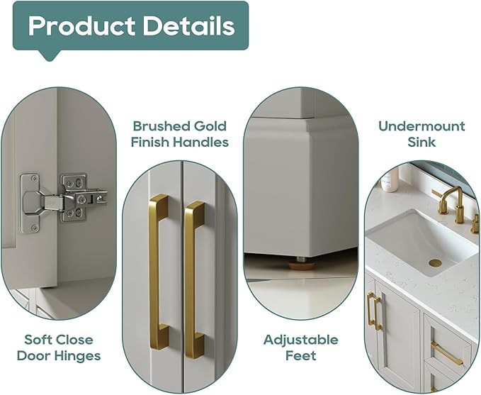 48 Inch Bathroom Vanity with Sink Combo, Solid Wood Frame with Mable Top &Backspalsh, Fully-Assembled with Soft-Closing Doors & 7 Drawers, Greige