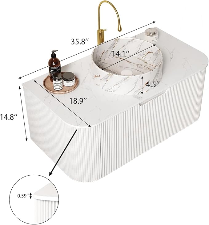 Yayzy 36" Floating Bathroom Vanity with Sink, Solid Wood Fluted Cabinet, White Marble-Patterned Ceramic Basin & Faux Marble Top, Soft-Close Drawer, Pre-Assembled, White