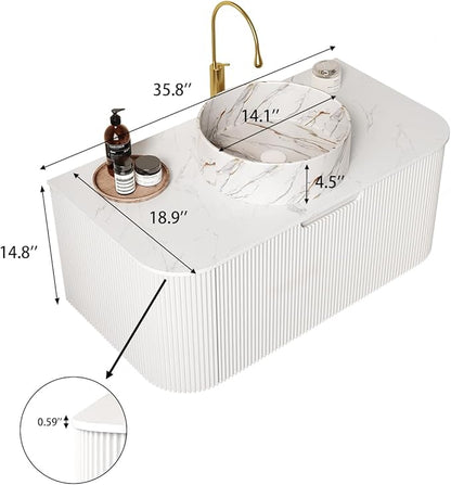 Yayzy 36" Floating Bathroom Vanity with Sink, Solid Wood Fluted Cabinet, White Marble-Patterned Ceramic Basin & Faux Marble Top, Soft-Close Drawer, Pre-Assembled, White