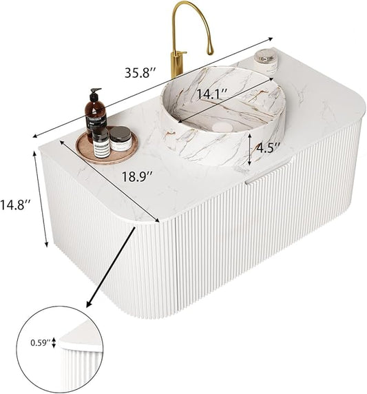 Yayzy 36" Floating Bathroom Vanity with Sink, Solid Wood Fluted Cabinet, White Marble-Patterned Ceramic Basin & Faux Marble Top, Soft-Close Drawer, Pre-Assembled, White