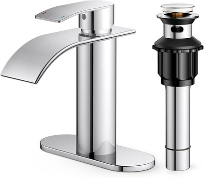 FORIOUS Waterfall Bathroom Faucet One Hole, Chrome Single Handle Bathroom Faucet for 1 or 3 Hole Sink with Metal Pop up Drain, Deck Plate, cUPC Hoses for Vanity, Rv Sink